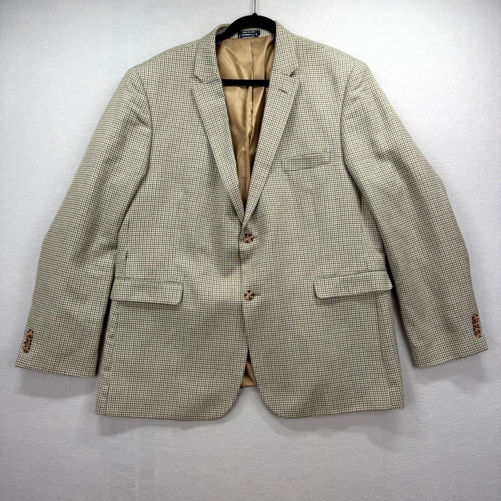 Tommy Hilfiger Blazer Jacket Mens 48L Beige Gray Gingham Single Breasted Notch